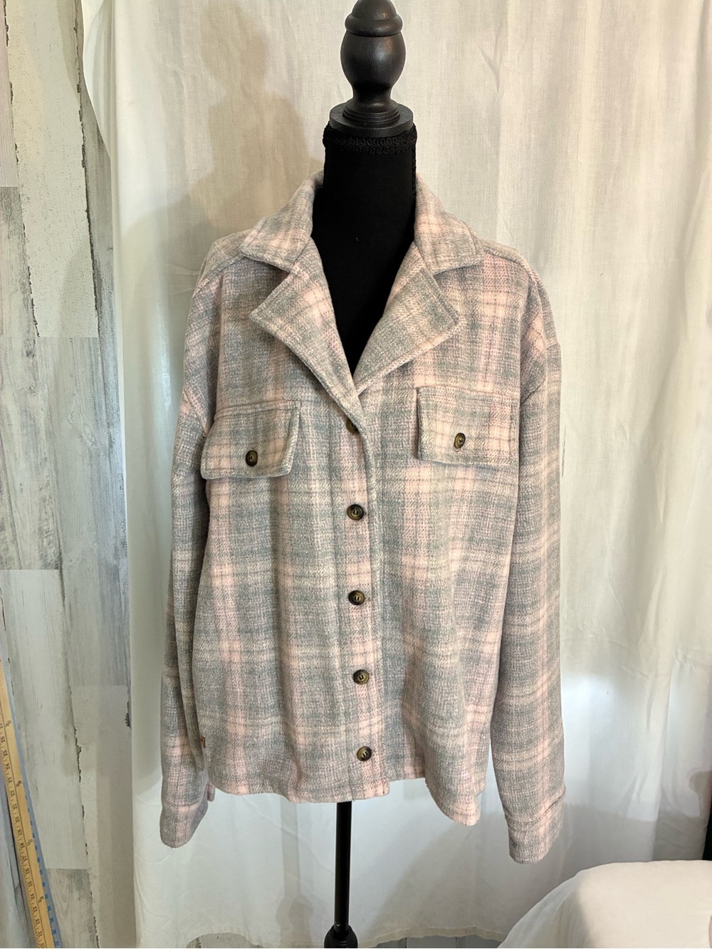 Simply Southern Pink and Gray Plaid Button Jacket